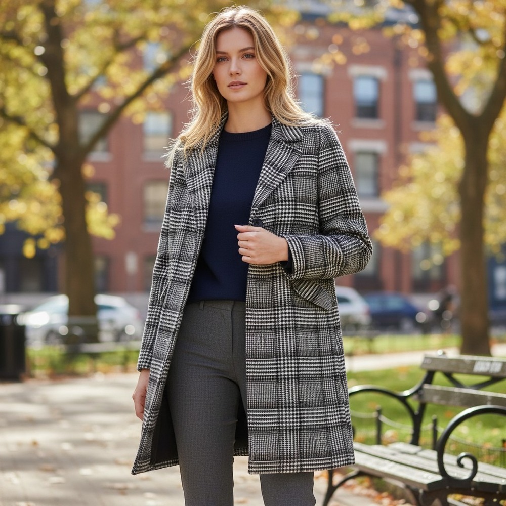 French Connection Wool Blend Plaid Coat XL Preppy Quiet Luxury Longline